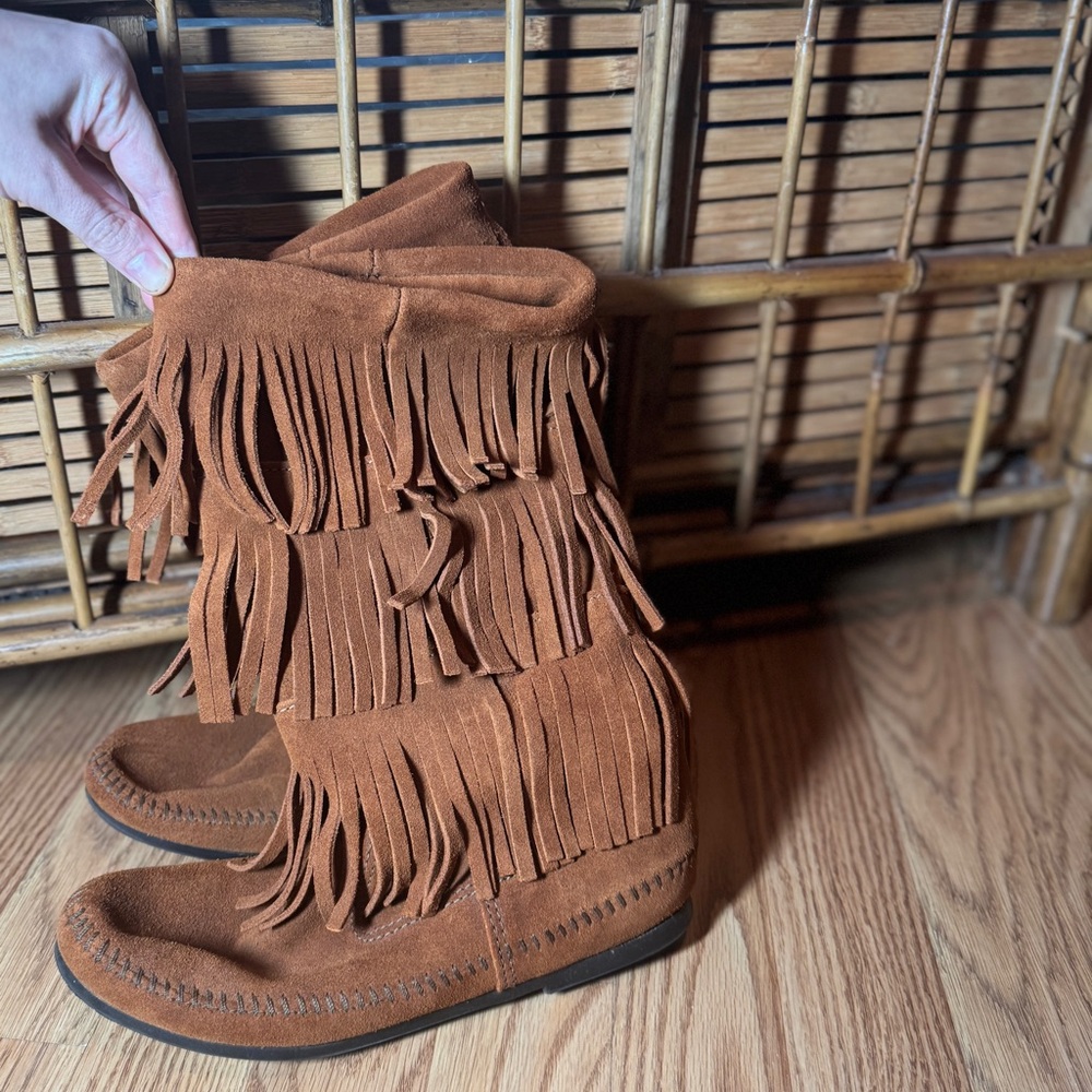 Women's Fringe MinneTonka Moccasin Boots - Brown - Picture 2 of 6